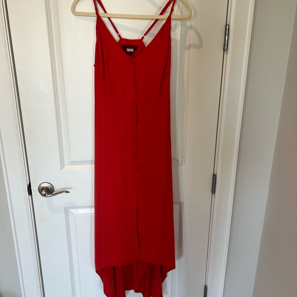 Reformation Red Button-Front High-Low Slip Dress